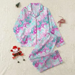 Women's Pastel Pink Sky Blue Teal Fuchsia Abstract Fluid Marble Swirls Satin Pajamas Set