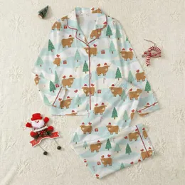 Cozy Holiday Loungewear: Whimsical Highland Cow Winter Wonderland, Snowy Hills & Santa Hats Satin Pajamas Set