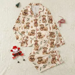 Farmhouse Christmas Enthusiasts' Watercolor Highland Cow Pattern, Red-Green Plaid Scarves, Vintage Gold Ornaments, Snowflakes, Cream Satin Pajamas Set