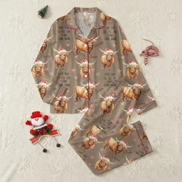 Highland Cow Lovers' Festive Taupe Brown Watercolor Santa Hat Personalized Script Design Satin Pajamas Set