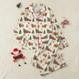 Country Christmas Enthusiasts' Muted Watercolor Highland Cow Red Truck Christmas Tree Seamless Pattern Satin Pajamas Set