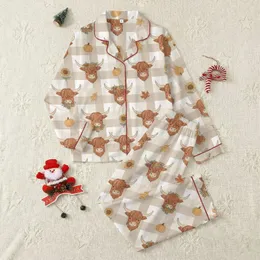 Farmhouse Style Enthusiasts' Whimsical Highland Cow Floral Crown Gingham Autumn Leaves Pattern Satin Pajamas Set