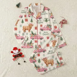 Highland Cow Lovers' Whimsical Watercolor Highland Cow Hot Pink Christmas Truck Festive Presents Rustic Christmas Seamless Pattern Satin Pajamas Set