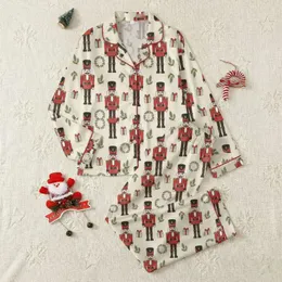 Holiday Enthusiasts' Whimsical Hand-Drawn Nutcracker Toy Soldier Festive Pattern with Cream, Red, Green Winter Foliage Satin Pajamas Set