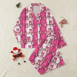 Women's Vibrant Pink Plaid Cartoon Bear Pattern White Black Gray Stripes Satin Pajamas Set