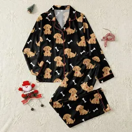 Golden Retriever Lover: Playful Puppies, Rosy Cheeks, Red Hearts & Bones Pattern - Black Background Satin Pajamas Set