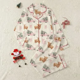 Whimsical Holiday: Fluffy Highland Cow Pink Truck Christmas Trees & Pink Gift Boxes - Soft Watercolor MERRY Christmas Design Satin Pajamas Set