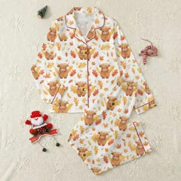 Women's Whimsical Fluffy Highland Cow Autumn Maple Leaf Sunflower Golden Orange Pattern Satin Pajamas Set
