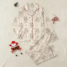 Women's Whimsical Hand-Drawn Christmas Opossum Pattern with Santa Hats, Teacups, and Festive Accents on Soft Peach Satin Pajamas Set