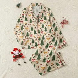 Women's Festive Cream Watercolor Fir Tree Red Bow Golden Ochre Holly Berry Pinecone Pattern Satin Pajamas Set