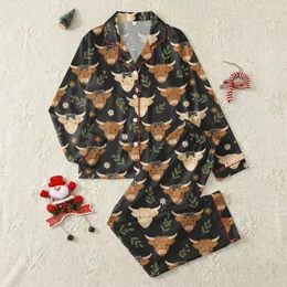 Animal Lovers' Cute Fluffy Highland Cow Heads, Plaid Bows, Muted Green Floral Pattern on Dark Charcoal Satin Pajamas Set