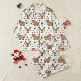 Family's Whimsical Highland Cow Reindeer Red Santa Hat Green Holly Christmas String Light Pattern on White Satin Pajamas Set