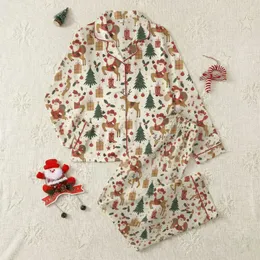 Women's Whimsical Hand-Drawn Western Christmas Cowboy Santa Reindeer Tree Holly Cream Red Pattern Satin Pajamas Set