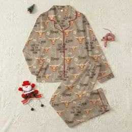 Highland Cow Enthusiasts' Watercolor Highland Cow Heads Rustic Pattern with Taupe, Reddish-Brown & "Love You Til The Cows Come Home" Text Satin Pajamas Set
