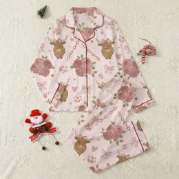 Coquette Lovers' Fluffy Brown Highland Cow Pink Bow Rose Pastel Pink Heart Rustic Design Satin Pajamas Set