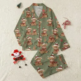 Cow Lovers' Whimsical Highland Calf Red Plaid Santa Hat Olive Green Christmas Pattern with Fairy Lights Satin Pajamas Set