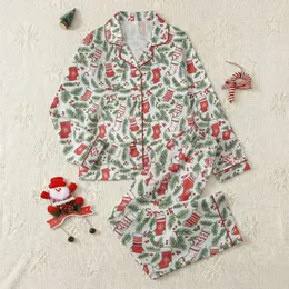 Families' Whimsical Red & Green Christmas Stockings, Pine & Holly Berry Design on White Satin Pajamas Set