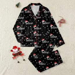 Women's Festive All-Over White Script Believe Red Santa Hat Star Snowflake Pattern Satin Pajamas Set