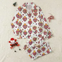 Women's Vibrant Folk Art Fuchsia Orange Turquoise Stylized Heart Eye Flame Pattern Satin Pajamas Set