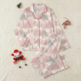 Women's Soft Pink Muted Gray Minimalist Geometric Mountain Pine Cloud Pattern Satin Pajamas Set