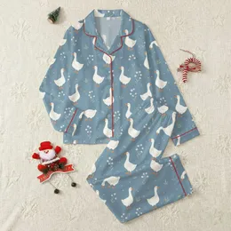 Nature Lovers' Whimsical White Goose Wildflower Seamless Dusty Blue Pattern Satin Pajamas Set