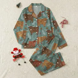 Western Farm Lovers' Shaggy Highland Cow & Calf Rustic Christmas Design, Multi-Color Lights, Frosted Pine & Berries on Muted Teal Satin Pajamas Set