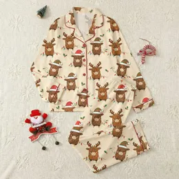 Highland Cow Lovers' Family Holiday Whimsical Highland Cow Christmas Pattern with Santa Hats, Colorful Lights & Holly on Cream Satin Pajamas Set
