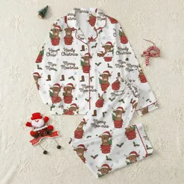 Western Christmas Fans' Whimsical Highland Cow Santa Hat Red Bucket Green Holly Snowflake Brown Rope Script Pattern Satin Pajamas Set