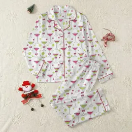 Women's Whimsical Hand-Drawn Martini Coupe Glasses Pink Lime Green Bow Cherry Pattern Satin Pajamas Set