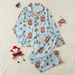 Women's Whimsical Festive Highland Cow Pattern, Red Santa Hats, Green Christmas Trees, Candy Canes, Holly, Sky Blue Satin Pajamas Set