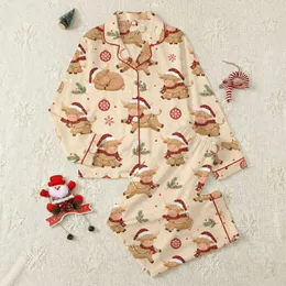 Festive Christmas Cow Lovers' Whimsical Highland Santa Cow Pattern String Lights Red Ornaments Satin Pajamas Set