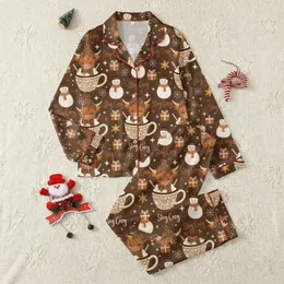 Highland Cow Lovers' Fluffy Calf Leopard Hat Snowman Hot Cocoa Mug Cream Brown All-Over Print Satin Pajamas Set