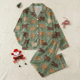 Highland Cow Lovers' Festive Multi-Color Christmas Lights Pattern with Snowflakes on Military Green Satin Pajamas Set