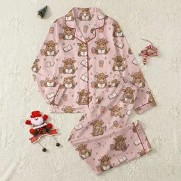 Bookish Coffee Lovers' Whimsical Chibi Fluffy Highland Cows Reading Books Coffee Stars Light Pink Satin Pajamas Set