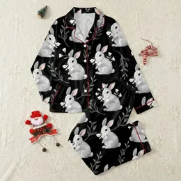 Rabbit Enthusiast's Hyperrealistic Fluffy Grey Bunnies White Flowers Black Foliage Design Satin Pajamas Set