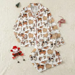 Chibi Art Fans' Hand-Drawn Cartoon Cow Pattern: Playful Calves, Longhorns, Fluffy Cows in Tan Red-Brown Black on White Satin Pajamas Set