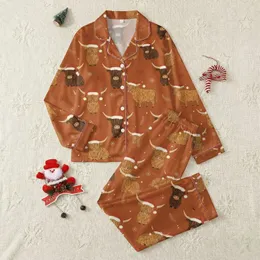 Cozy Holiday Fans' Rustic Hand-Drawn Highland Cow Santa Hat Deep Burnt Orange Festive Pattern Satin Pajamas Set