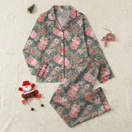 Adults' Lush Blush Pink Rose & Coral Floret Botanical Sage Green Illustrative Pattern Satin Pajamas Set