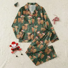 Women's Whimsical Highland Calf Christmas Pattern with Red Santa Hats, Green Antlers, String Lights & Pine Berries Satin Pajamas Set