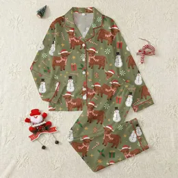 Cow Lovers' Whimsical Highland Cow Christmas Pattern with Santa Hats, Snowmen, Candy Canes, Holly, and Festive Red-Green Gifts Satin Pajamas Set