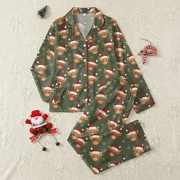 Highland Cow Lovers' Festive Military Green All-Over Illustrative Cow Pattern with Red Santa Hats, White Snowflakes & Holly Berries Satin Pajamas Set