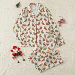 Bird Lovers' & Family Holiday Whimsical Songbird Festive Red Santa Hat Pattern, Creamy Winter Foliage & Snowflakes Satin Pajamas Set