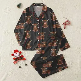 Women's Whimsical Highland Cow Christmas Lights Fair Isle Knit Pattern on Dark Charcoal Satin Pajamas Set