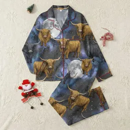 Highland Cow Lovers' Gritty Amber Photorealistic Cosmic Nebula Moon Cattle Artwork Satin Pajamas Set