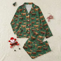 Women's Photorealistic Highland Cattle Rusty Brown Tan Emerald Green Organic Repeat Pattern Satin Pajamas Set