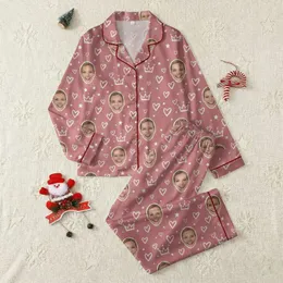 Families & Couples' Dusty Rose Whimsical All-Over Print with Personalized Smiling Face Portraits, White Hearts, & Crowns Satin Pajamas Set