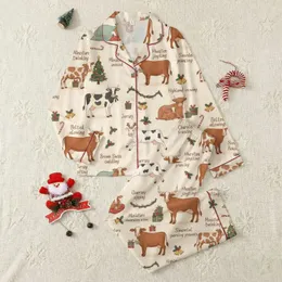 Festive Cow Lover Whimsical Farmhouse Christmas Cow Seamless Pattern Cream Red Green Gold 12 Breeds Satin Pajamas Set