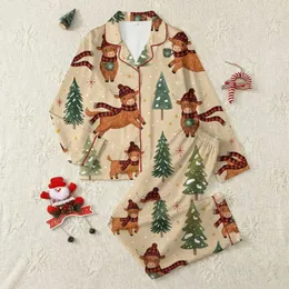 Highland Cow Lovers' Whimsical Watercolor Winter Wonderland with Red Plaid & Forest Green Pines Satin Pajamas Set