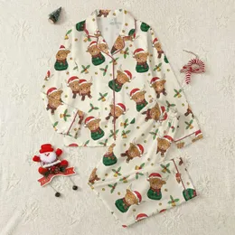 Holiday Animal Lovers Whimsical Winking Highland Cow Santa Hat Plaid Scarf Holly Snow Cream Christmas Pattern Satin Pajamas Set