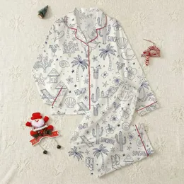 Coastal Cowgirl Style Lovers' Whimsical Hand-Drawn Cream & Navy Blue Line Art Seashells, Cactus, Cowboy Boots Pattern Satin Pajamas Set